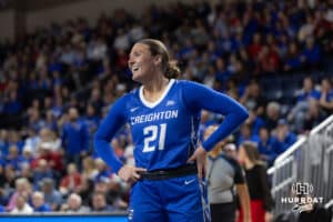 Creighton Bluejay guard Molly Mogensen (21) reacts to a foul call during a women’s college basketball game against the Nebraska Cornhuskers Friday, November 22, 2024 in Omaha, Nebraska. Photo by John S. Peterson.