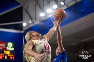 Nebraska Cornhusker center Alexis Markowski (40) reachs for the ball against Creighton during a women’s college basketball game Friday, November 22, 2024 in Omaha, Nebraska. Photo by John S. Peterson.