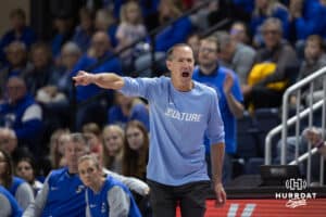 Creighton Bluejay head coach Jim Flanery reacts to the action against the Nebraska Cornhuskers in the first half during a women’s college basketball game Friday, November 22, 2024 in Omaha, Nebraska. Photo by John S. Peterson.