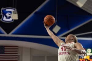Nebraska Cornhusker center Alexis Markowski (40) grabs the rebound against the Creighton Bluejays in the first half during a women’s college basketball game Friday, November 22, 2024 in Omaha, Nebraska. Photo by John S. Peterson.