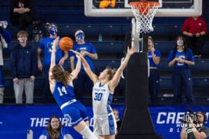 Creighton Bluejay guard/forward Morgan Maly (30) blocks a shot during a women's college basketball game against the Drake Bulldogs Monday, November 11, 2024 in Omaha, Nebraska. Photo by Jaelle Johnson.