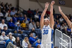 Creighton Bluejay guard/forward Morgan Maly (30) shoots a three point shot during a women's college basketball game against the Drake Bulldogs Monday, November 11, 2024 in Omaha, Nebraska. Photo by Jaelle Johnson.