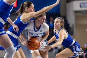 Creighton Bluejay guard Lauren Jensen (15) drives to the basket during a women's college basketball game against the Drake Bulldogs Monday, November 11, 2024 in Omaha, Nebraska. Photo by Jaelle Johnson.