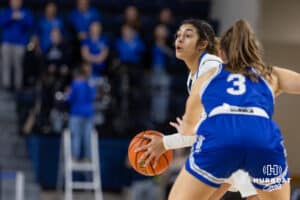 Creighton Bluejay guard Kiani Lockett (11) looks to pass during a women's college basketball game against the Drake Bulldogs Monday, November 11, 2024 in Omaha, Nebraska. Photo by Jaelle Johnson.