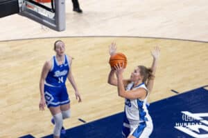 Creighton Bluejay guard/forward Brooke Littrell (33) makes a layup during a women's college basketball game against the Drake Bulldogs Monday, November 11, 2024 in Omaha, Nebraska. Photo by Jaelle Johnson.