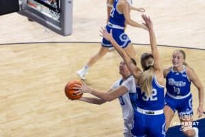 Creighton Bluejay guard/forward Brooke Littrell (33) makes layup during a women's college basketball game against the Drake Bulldogs Monday, November 11, 2024 in Omaha, Nebraska. Photo by Jaelle Johnson.