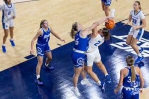 Creighton Bluejay guard Kennedy Townsend (2) makes a layup during a women's college basketball game against the Drake Bulldogs Monday, November 11, 2024 in Omaha, Nebraska. Photo by Jaelle Johnson.