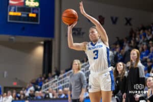 Creighton Bluejay guard Sydney Golladay (3) shoots a three point shot during a women's college basketball game against the Drake Bulldogs Monday, November 11, 2024 in Omaha, Nebraska. Photo by Jaelle Johnson.