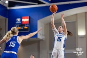 Creighton Bluejay guard Lauren Jensen (15) makes a jump shot during a women's college basketball game against the Drake Bulldogs Monday, November 11, 2024 in Omaha, Nebraska. Photo by Jaelle Johnson.