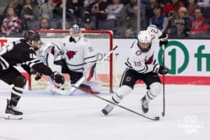Omaha Maverick defenseman Jacob Guevin (10) during a college hockey match against Western Michigan Friay, November 8, 2024 in Omaha, Nebraska. Photo by Jaelle Johnson.