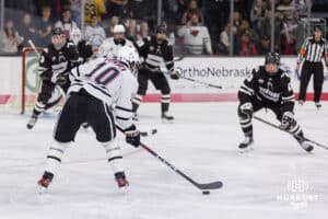 Omaha Maverick defenseman Jacob Guevin (10) during a college hockey match against Western Michigan Friay, November 8, 2024 in Omaha, Nebraska. Photo by Jaelle Johnson.