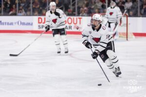 Omaha Maverick forward Myles Hilman (18) during a college hockey match against Western Michigan Friay, November 8, 2024 in Omaha, Nebraska. Photo by Jaelle Johnson.
