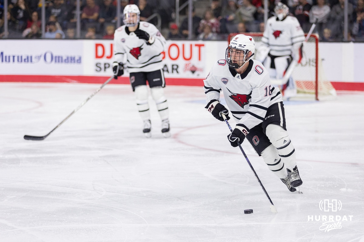 Omaha Hockey v Western Michigan – 2024-11-08 Omaha Maverick forward Myles Hilman (18) during a college hockey match against Western Michigan Friay, November 8, 2024 in Omaha, Nebraska. Photo by Jaelle Johnson.
