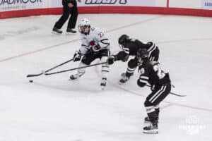 Omaha Maverick forward Jimmy Glynn (22) during a college hockey match against Western Michigan Friay, November 8, 2024 in Omaha, Nebraska. Photo by Jaelle Johnson.