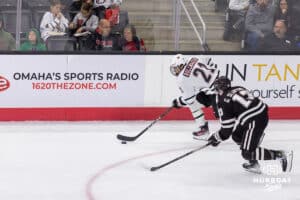 Omaha Maverick forward Tyler Rollwagen (21) during a college hockey match against Western Michigan Friay, November 8, 2024 in Omaha, Nebraska. Photo by Jaelle Johnson.