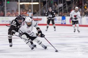 Omaha Maverick defenseman Jacob Guevin (10) during a college hockey match against Western Michigan Friay, November 8, 2024 in Omaha, Nebraska. Photo by Jaelle Johnson.