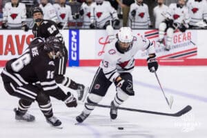 Omaha Maverick forward Jacob Slipec (13) during a college hockey match against Western Michigan Friay, November 8, 2024 in Omaha, Nebraska. Photo by Jaelle Johnson.