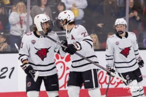 Omaha Maverick forward Jacob Slipec (13) and forward Harrison Israels (23) during a college hockey match against Western Michigan Friay, November 8, 2024 in Omaha, Nebraska. Photo by Jaelle Johnson.