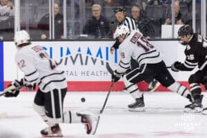 Omaha Maverick forward Myles Hilman (18) during a college hockey match against Western Michigan Friay, November 8, 2024 in Omaha, Nebraska. Photo by Jaelle Johnson.