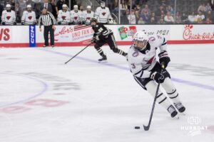Omaha Maverick forward Sam Stange (3) during a college hockey match against Western Michigan Friay, November 8, 2024 in Omaha, Nebraska. Photo by Jaelle Johnson.