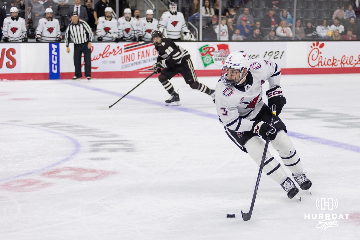 Omaha Maverick forward Sam Stange (3) during a college hockey match against Western Michigan Friay, November 8, 2024 in Omaha, Nebraska. Photo by Jaelle Johnson.