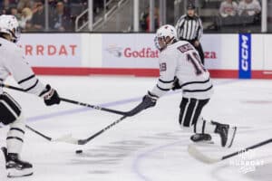Omaha Maverick forward Myles Hilman (18) during a college hockey match against Western Michigan Friay, November 8, 2024 in Omaha, Nebraska. Photo by Jaelle Johnson.