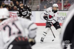 Omaha Maverick defenseman Griffin Ludtke (7) during a college hockey match against Western Michigan Friay, November 8, 2024 in Omaha, Nebraska. Photo by Jaelle Johnson.