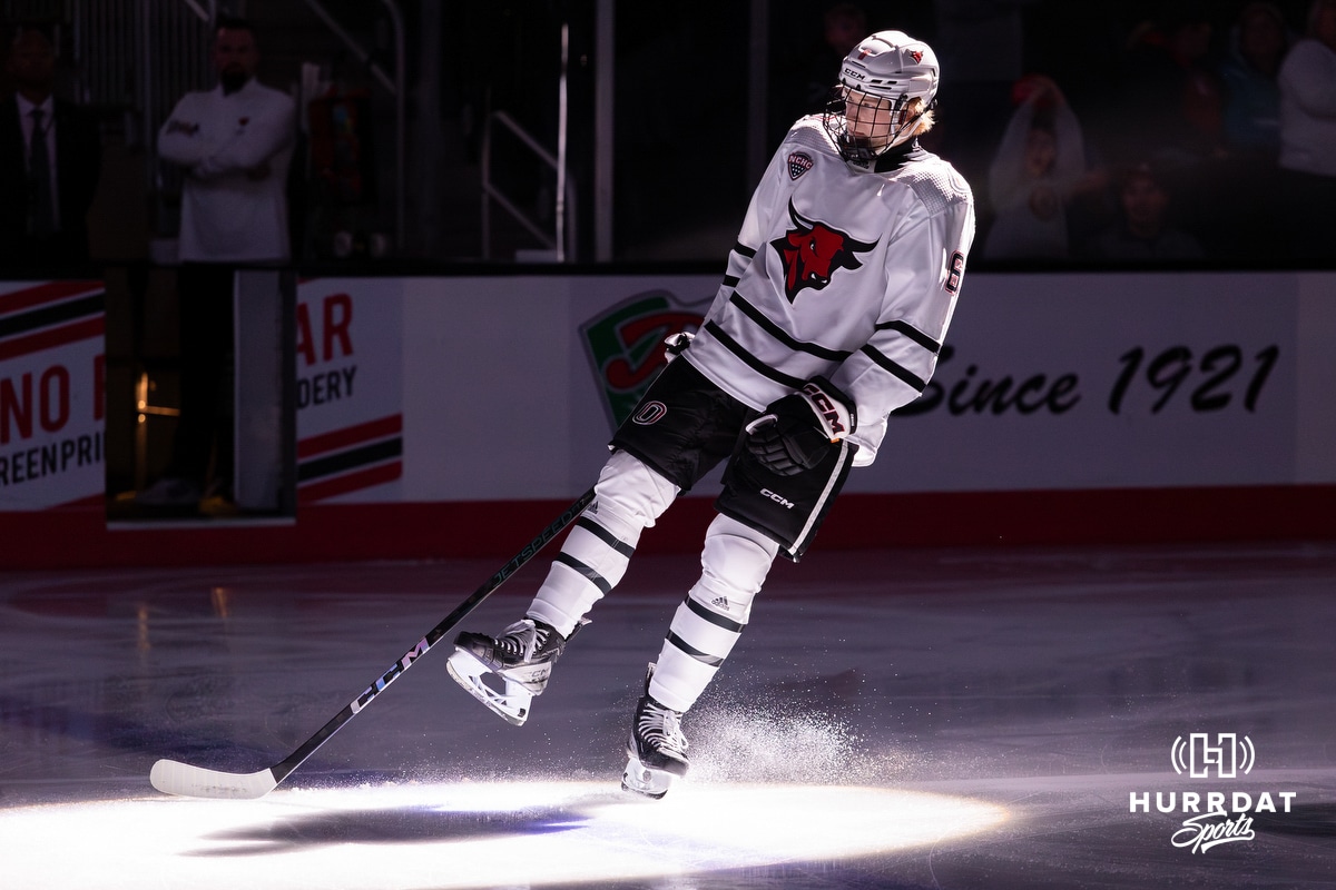 Omaha Hockey v Western Michigan – 2024-11-08 Omaha Maverick forward Zach Urdahl (6) introduced during a college hockey match against Western Michigan Friay, November 8, 2024 in Omaha, Nebraska. Photo by Jaelle Johnson.