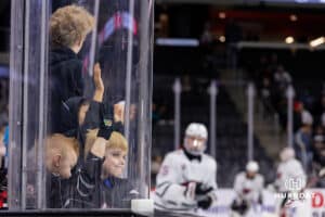 Omaha Mavericks fans watching warm-ups during a college hockey match against Western Michigan Friay, November 8, 2024 in Omaha, Nebraska. Photo by Jaelle Johnson.