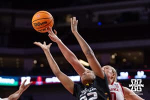 Nebraska Cornhusker center Alexis Markowski (40) tips the ball away from North Alabama Lion forward India Howard (22) during a college women’s basektball game Tuesday, November 19, 2024 in Lincoln, Nebraska. Photo by John S. Peterson.