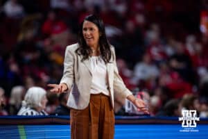 Nebraska Cornhusker head coach Amy Williams reacts to the acton on the court against the North Alabama Lions during a college women’s basektball game Tuesday, November 19, 2024 in Lincoln, Nebraska. Photo by John S. Peterson.