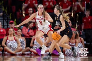 Nebraska Cornhusker guard Logan Nissley (2) guards North Alabama Lion guard Katie Criswell (13) in the third quarter during a college women’s basektball game Tuesday, November 19, 2024 in Lincoln, Nebraska. Photo by John S. Peterson.