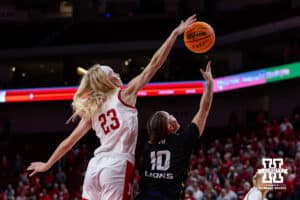 Nebraska Cornhusker guard Britt Prince (23) blocks a shot from North Alabama Lion guard Charity Gallegos (10) in the first quarter during a college women’s basektball game Tuesday, November 19, 2024 in Lincoln, Nebraska. Photo by John S. Peterson.