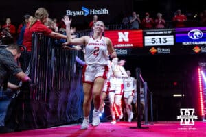 Nebraska Cornhusker guard Logan Nissley (2) leads the Huskers out to take on the North Alabama Lions during a college women’s basektball game Tuesday, November 19, 2024 in Lincoln, Nebraska. Photo by John S. Peterson.