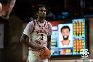 Nebraska Cornhusker guard Brice Williams (3) lines up for a free throw against the St. Mary's Gaels during a college basketball game Sunday, November 17, 2024 in Sioux Falls, South Dakota.