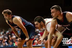 Nebraska Cornhusker forward Berke Buyuktuncel (9) lines up against St. Mary's Gaels center Mitchell Saxen (11) during a college basketball game Sunday, November 17, 2024 in Sioux Falls, South Dakota.