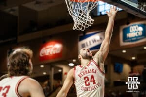 Nebraska Cornhusker guard Rollie Worster (24) makes a layup against the St. Mary's Gaels during a college basketball game Sunday, November 17, 2024 in Sioux Falls, South Dakota.