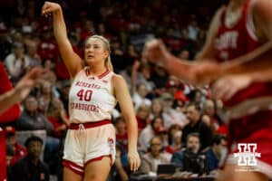 Nebraska Cornhusker center Alexis Markowski (40) watches the ball after taking a shot against the South Dakota Coyotes during a college women's basketball game Saturday, November 16, 2024 in Sioux Falls, South Dakota. Photo by Collin Stilen.