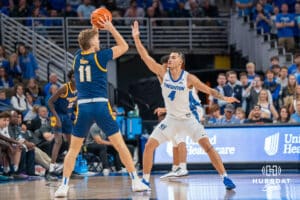 Creighton Bluejay Sterling Knox (4) defends against a shot from UMKC during a college basketball game Saturday, November 16th, 2024 in Omaha Nebraska. Photo by Brandon Tiedemann.