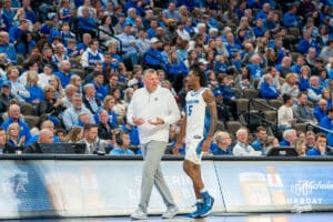 Creighton Bluejay head coach Greg McDermott talks with Jamiya Neal (5) during a college basketball game against UMKC Saturday, November 16th, 2024 in Omaha Nebraska. Photo by Brandon Tiedemann.