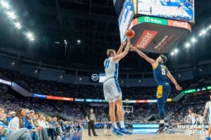 Creighton Bluejay Isacc Traudt (41) shoots a three-point shot against UMKC during a college basketball game Saturday, November 16th, 2024 in Omaha Nebraska. Photo by Brandon Tiedemann.