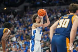Creighton Bluejay Pop Isaac (2) shoots a freethrow against UMKC during a college basketball game Saturday, November 16th, 2024 in Omaha Nebraska. Photo by Brandon Tiedemann.