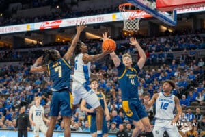 Creighton Bluejay Jamiya Neal (5) attempts a layup against UMKC during a college basketball game Saturday, November 16th, 2024 in Omaha Nebraska. Photo by Brandon Tiedemann.