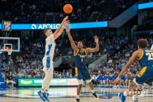 Creighton Bluejay Steven Ashworth shoots a three-point shot against UMKC during a college basketball game Saturday, November 16th, 2024 in Omaha Nebraska. Photo by Brandon Tiedemann.
