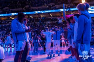 Creighton Bluejay Steven Ashworth does dance when introduced before before taking on UMKC in a college basketball game Saturday, November 16th, 2024 in Omaha Nebraska. Photo by Brandon Tiedemann.