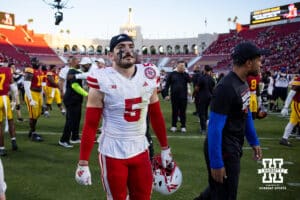 Nebraska Cornhusker linebacker John Bullock (5) heads to the locker room after the loss to the USC Trojans during a college football game Saturday, November 16, 2024 in Los Angeles, California. Photo by John S. Peterson.