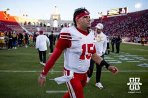 Nebraska Cornhusker quarterback Dylan Raiola (15) heads off the field after the college football game against the USC Trojans Saturday, November 16, 2024 in Los Angeles, California. Photo by John S. Peterson.