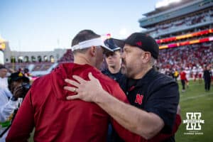 Nebraska Cornhusker head coach Matt Rhule and USC Trojan head coach Lincoln Riley shake hands after a college football game Saturday, November 16, 2024 in Los Angeles, California. Photo by John S. Peterson.