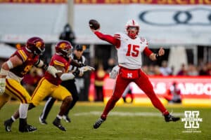Nebraska Cornhusker quarterback Dylan Raiola (15) makes one last throw in the four quarter against the USC Trojans during a college football game Saturday, November 16, 2024 in Los Angeles, California. Photo by John S. Peterson.