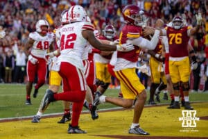 USC Trojan quarterback Jayden Maiava (14) scores a touchdown against the Nebraska Cornhuskers in the fourth quarter during a college football game Saturday, November 16, 2024 in Los Angeles, California. Photo by John S. Peterson.